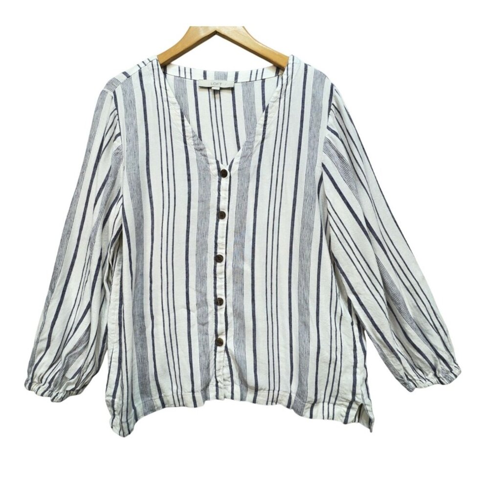 Loft Womens Linen Blend Button Up Shirt Size L White Blue Striped Casual Summer